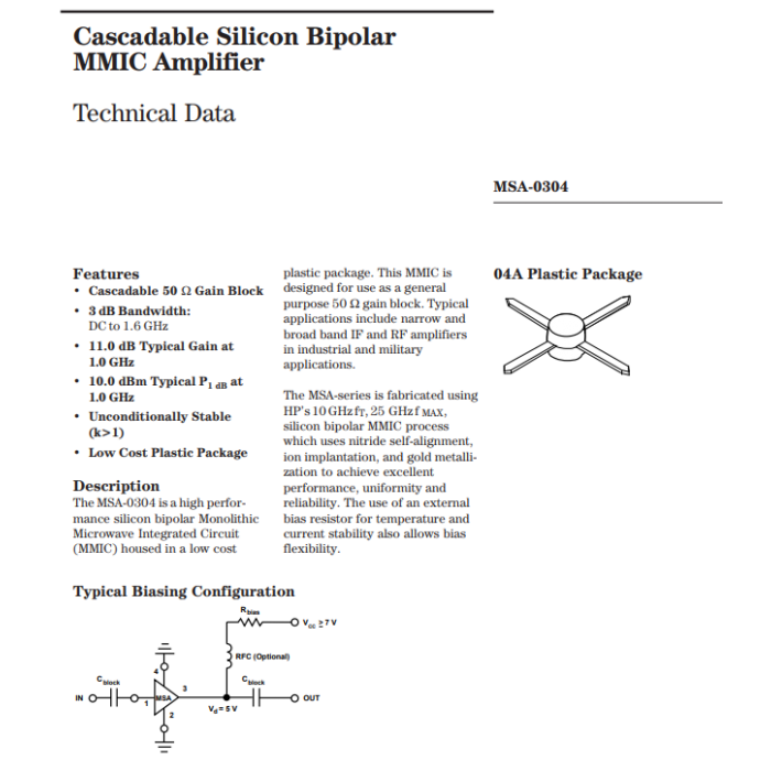 Agilent Hewlett Packard - MSA0304 - IC. Cascadable Bipolar MMIC Amplifier. MSA-0304. New.