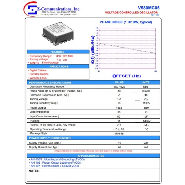 Z-Communications - V580MC05 - OSCILLATOR 850-925MHz Mini -16 SMD 