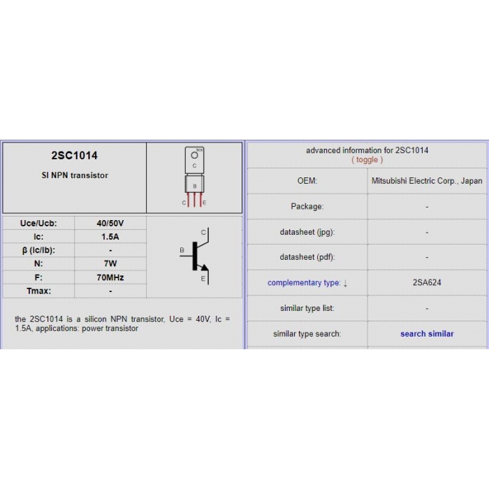 ASIA - 2SC1014 - Transistor, NPN. 40VVCEO, 50VCBO, 1.5A, 7W, TO-202. 