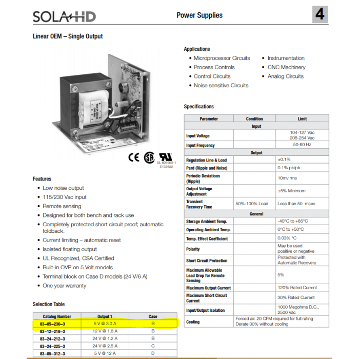 Sola Electric - 83-05-230-2 - 5VDC @ 3Amp Open Frame, Panel Mount, Linear 15W, 83 Series