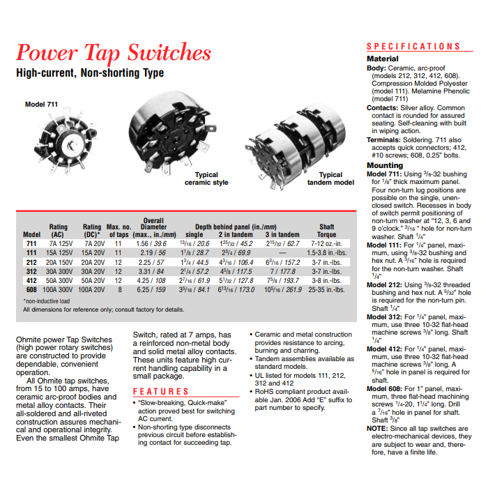 OHMITE - 412-C - Power Tap Rotary Switch - 1P 4-Position, 50Amp, 300V. Used / Removed from Equipment