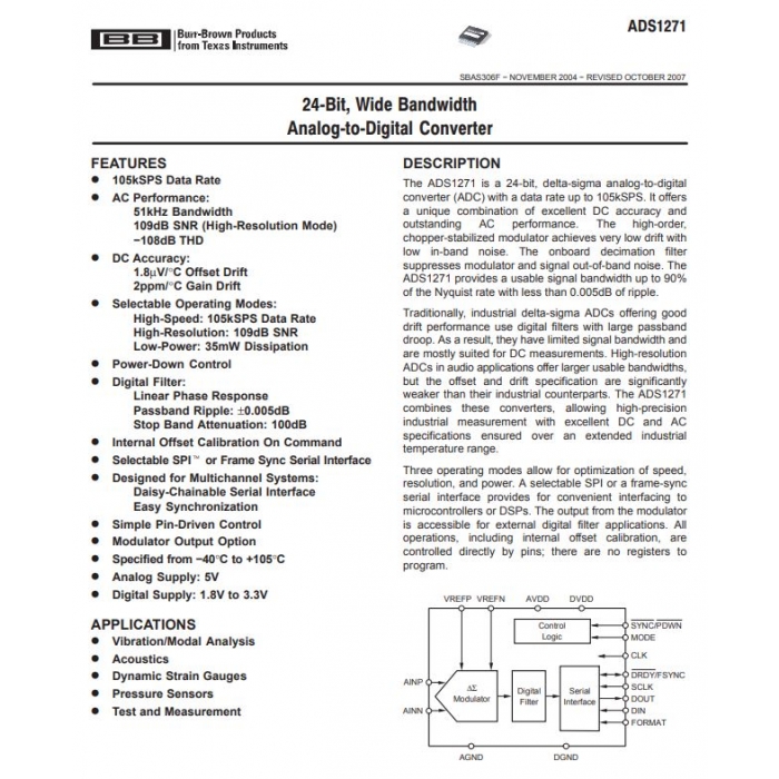 Burr Brown - ADS1271PW - IC, A/D Converter. 24 Bit, Wide Bandwidth. TSSOP SMD.