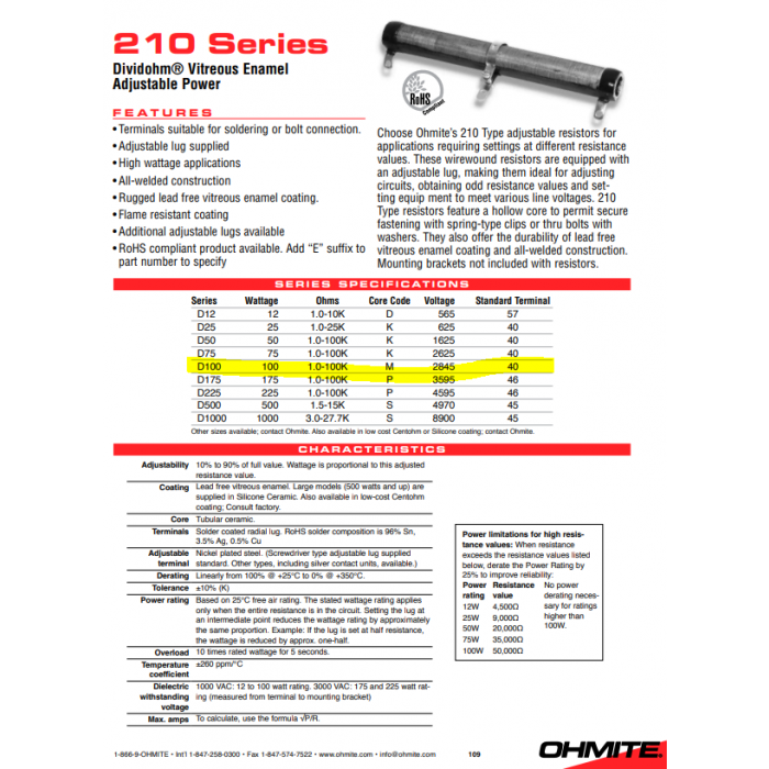 OHMITE - D100K1R0 - Resistor, ceramic. 1 Ohm 100W. Adjustable.  Removed form Equipment / Used.