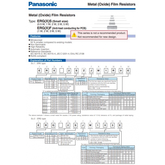 PANASONIC MATSUSHITA - ERG2SJ621A - Metal oxide. 620 Ohm 2 Watt. Package of 20.