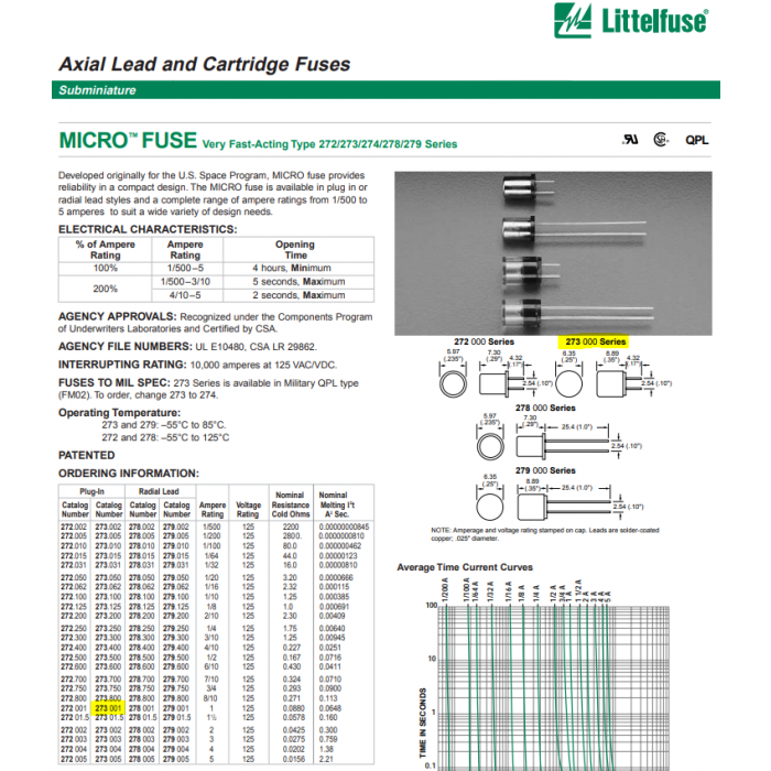 Littelfuse - 273001 - Fuse. 1 Amp 125V. Microfuse. 