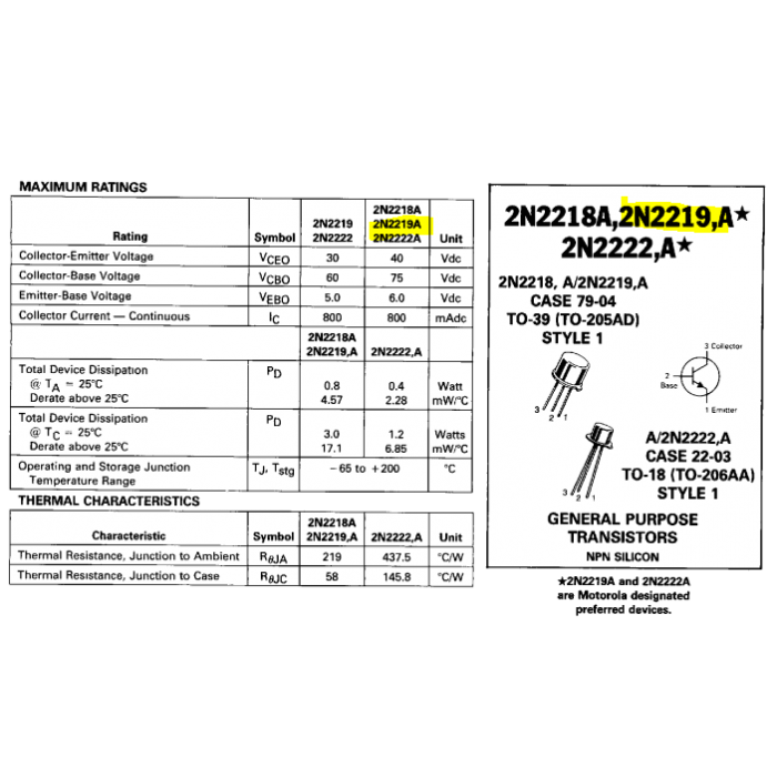 Motorola - 2N2219A - Transistor, NPN. 30V, Gain: 50, 3W, TO-39